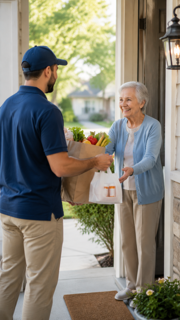 Senior errand service delivering groceries and prescription medication to an elderly woman at her front door