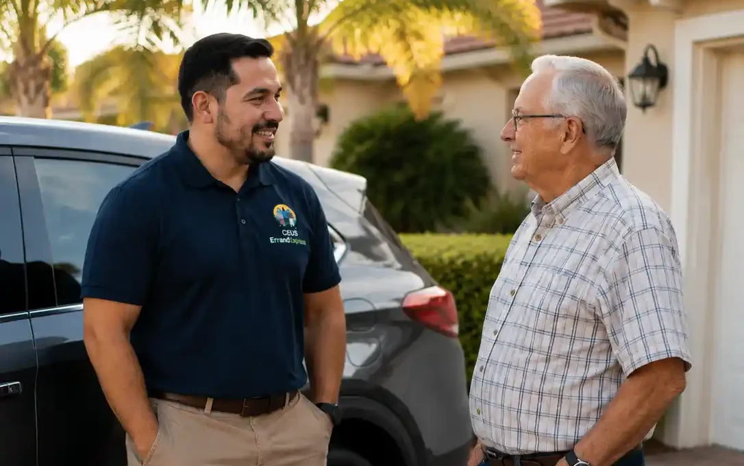 Professional Ceus Errand Express runner providing personal errand assistance to an older adult