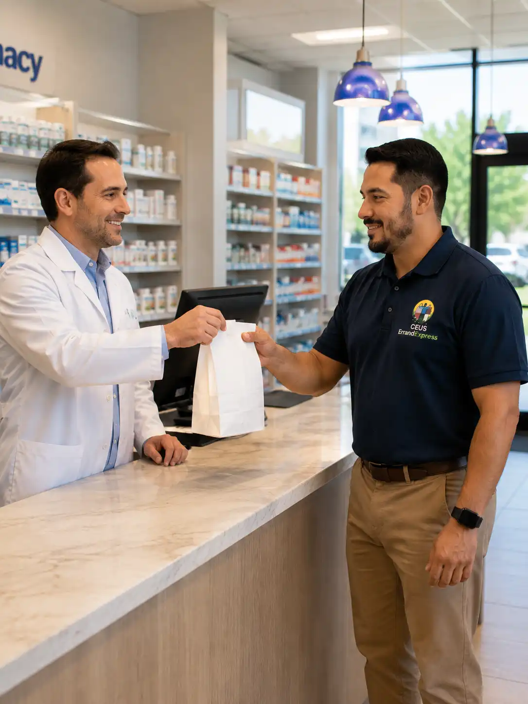 Male errand runner collecting a prepared pharmacy order for a client