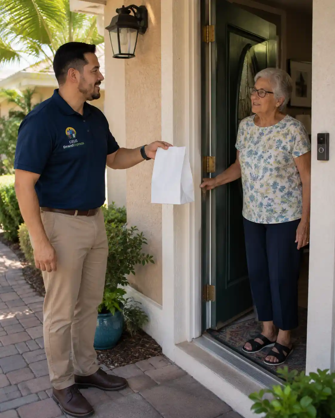 Male errand runner delivering a prepared pharmacy order to an older adult at home